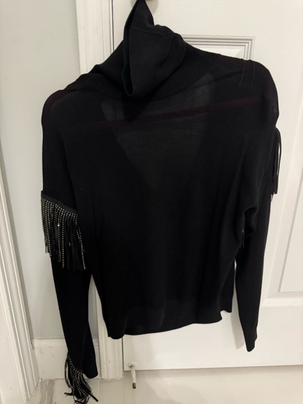 Pinko Black Long-Sleeve Turtleneck Sweater with Fringe Detailing